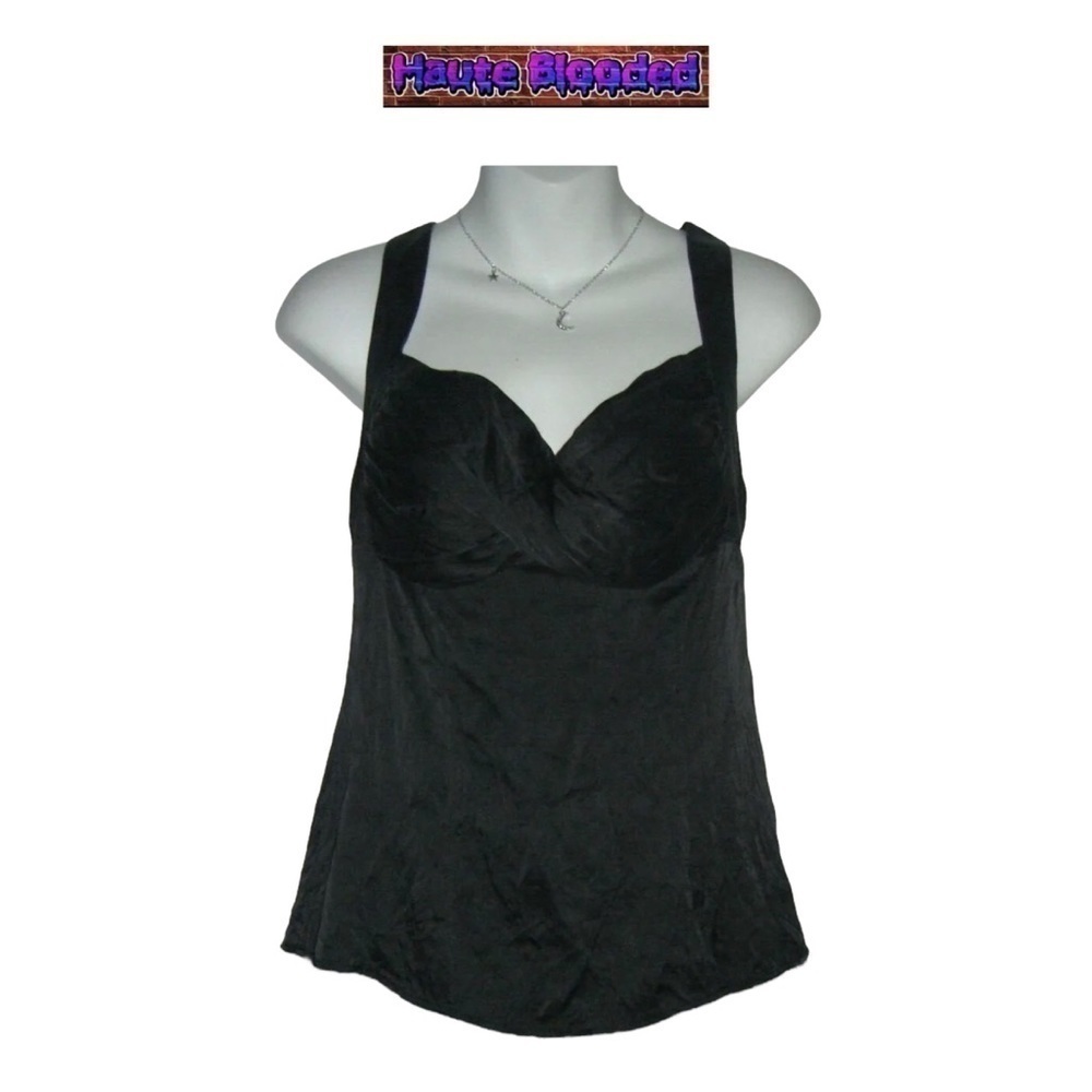 y2k bebe Black Crepe Silk Tank Top Sexy Cami Silver Ring Crinkle 00's 90's Club - Picture 10 of 10